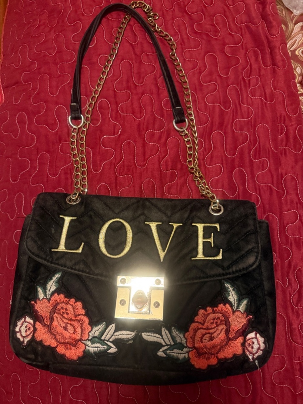 Black Crossbody Bag Embroidered Roses & LOVE Accent